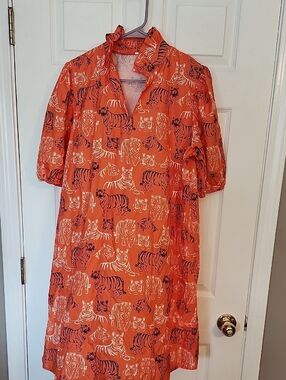 Orange Tiger Print Ruffle Collar Dress